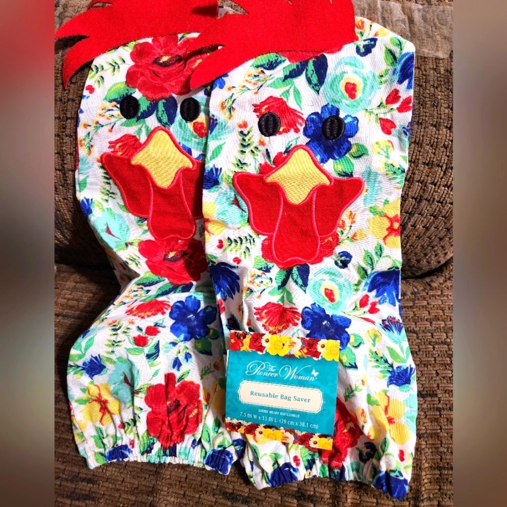 Pioneer Woman Reusable Bag Saver Chicken Rooster Floral Patchwork Design 2 Lot